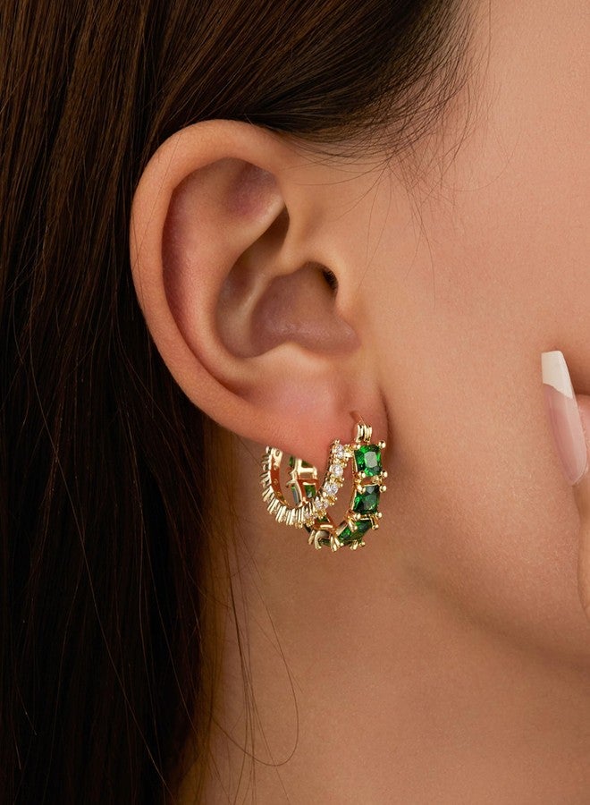 Mesovor Gold Green Zircon Double Hoop Earrings for Women, 14K Gold Plated Square Colored Cubic Zirconia Hoops Earrings Jewelry Gifts (Green) - Image 3